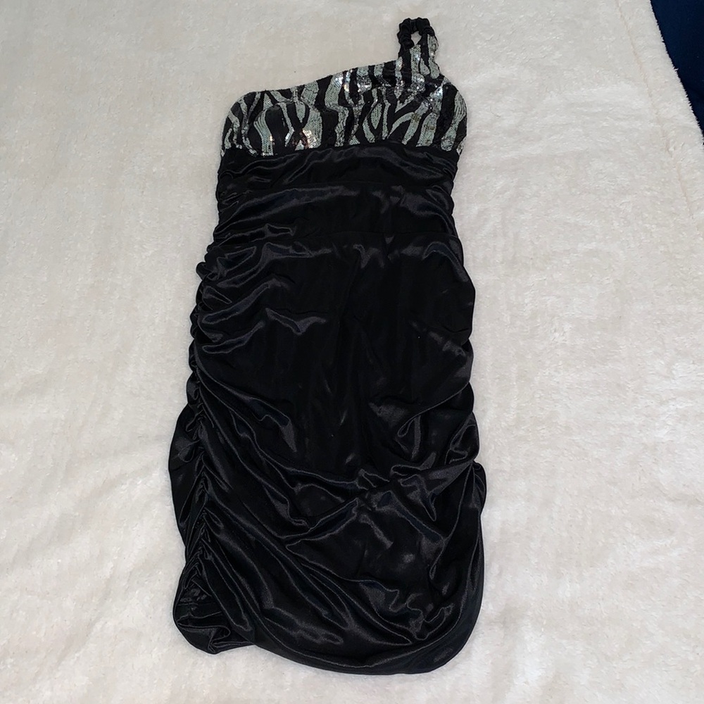 One shoulder sparkly front black dress